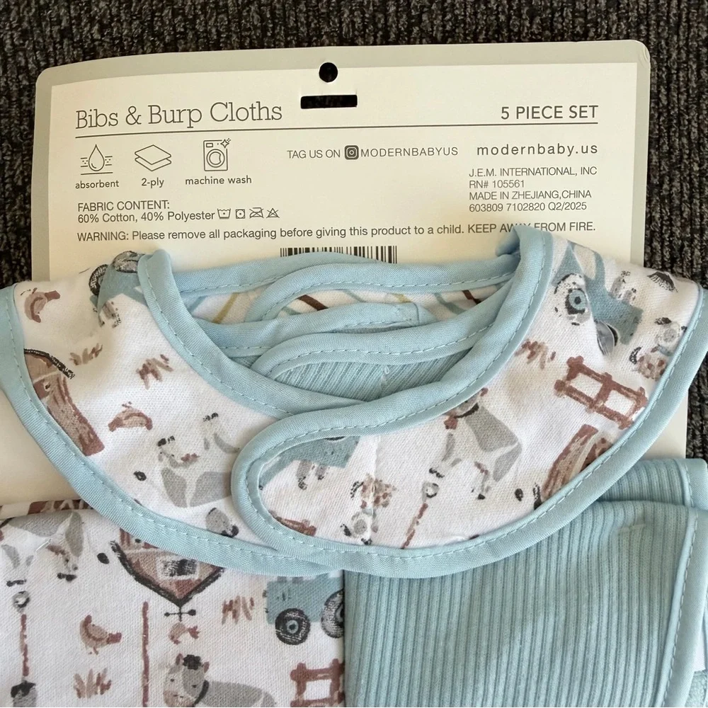 Modern Baby 3 bibs and 2 burp cloths - tractor/barn/cow print